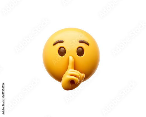 3D Yellow Emoji Face With Finger On Lips For Silence On Transparent Background, PNG