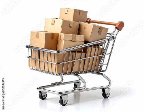 Shopping Cart Overloaded with Cardboard Boxes, Delivery Concept, Isolated.
