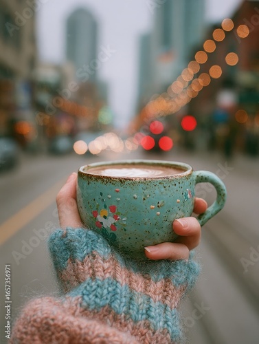 Hand holding a teal mug of coffee in city street