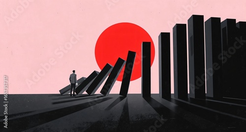 Businessman standing near falling domino blocks with red sun