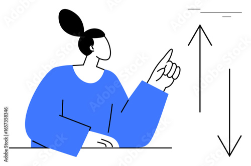 Woman pointing upwards with upward and downward arrows, indicating progress, change, or decision-making. Ideal for growth, strategy, direction, progress planning analysis vision. Simple flat