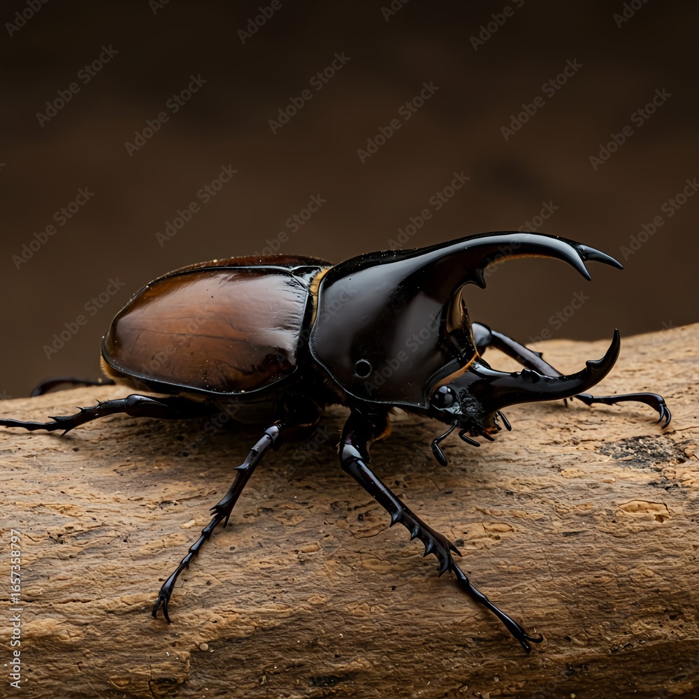 Majestic rhinoceros beetle resting on weathered wood, nature's fascinating armor and textures revealing its unique beauty and intriguing life Majestic rhinoceros beetle resting on weathered wood, nature's fascinating armor and textures revealing its unique beauty and intriguing life