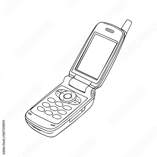 Retro flip phone line art illustration. Vintage clamshell mobile telephone outline drawing. Old cellular device sketch for coloring.
