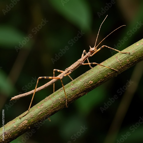 Marvel at this incredible stick insect blending seamlessly on a vibrant green branch in its natural habitat, a master of camouflage