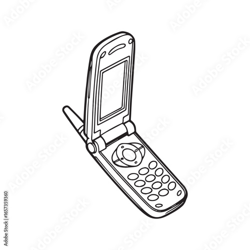 Retro flip phone line art illustration. Vintage clamshell mobile telephone outline drawing. Old cellular device sketch for coloring.
