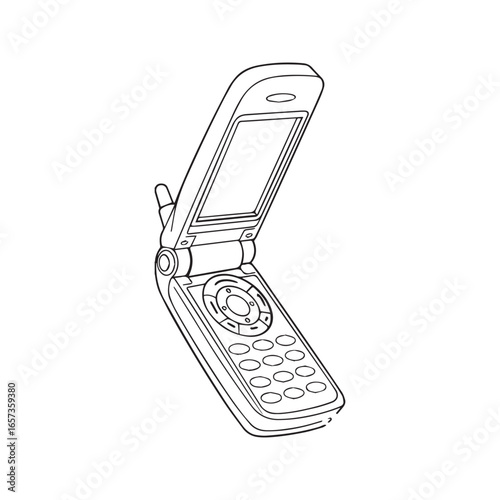 Retro flip phone line art illustration. Vintage clamshell mobile telephone outline drawing. Old cellular device sketch for coloring.
