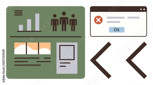 Data dashboard with charts, user stats, web pop-up prompting acknowledgment, angle brackets symbolizing code. Ideal for data visualization, analytics, coding, development, debugging interface