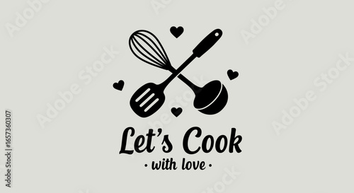 A charming vector illustration of cooking utensils, including a whisk and ladle, accompanied by the playful phrase 'Let's Cook with Love' for culinary projects.