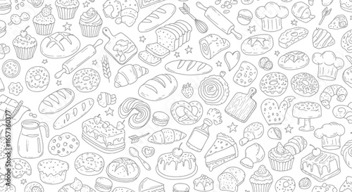 A charming seamless pattern featuring various outlined bakery items, delicious pastries, and essential cooking tools, perfect for culinary-themed designs.