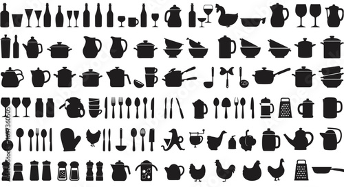 A versatile vector collection of kitchenware silhouettes, including pots, pans, glassware, and utensils, perfect for culinary designs and restaurant-themed graphics, isolated on white.