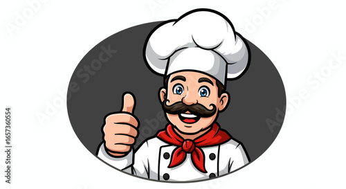Happy cartoon chef with thumbs up gesture, wearing a chef hat and red neckerchief, vector illustration, PNG format, perfect for restaurant menus, culinary websites, and food blogs.
