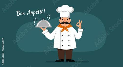 Happy cartoon chef in a white uniform and hat holds a silver cloche, giving an okay sign, against a teal background.  Perfect for restaurant menus, culinary websites, or cooking blogs.  High-quality