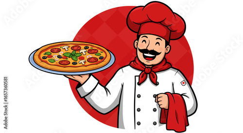Smiling cartoon chef in uniform proudly presents a delicious pizza, showcasing culinary expertise and a passion for Italian cuisine.