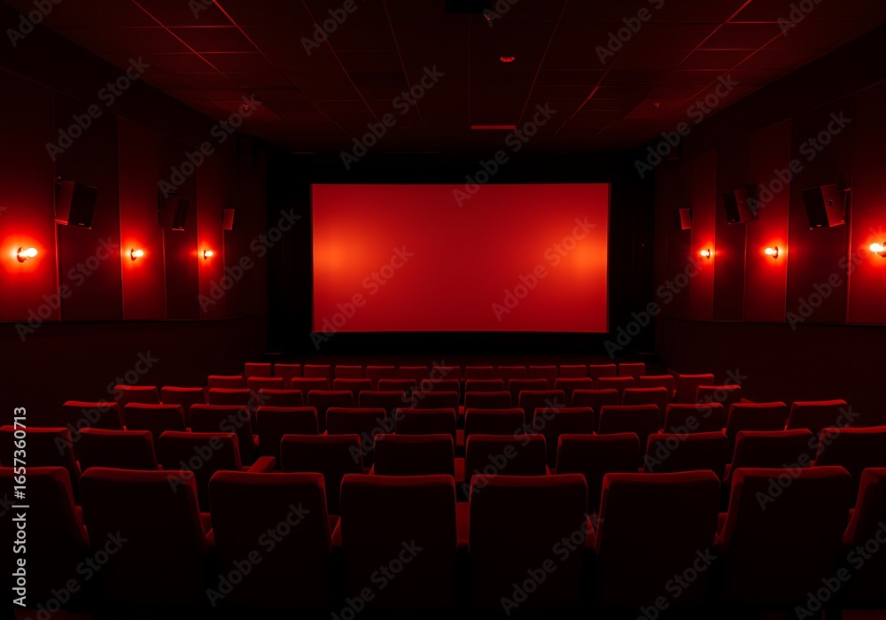 Fototapeta premium Empty cinema auditorium with red lighting and screen