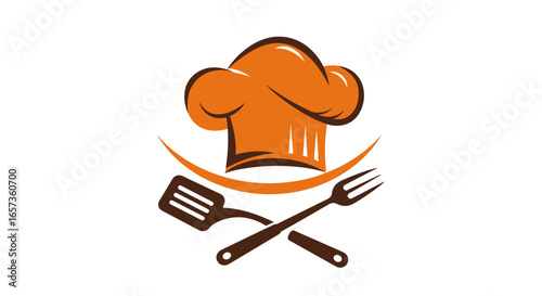 A professional orange chef hat icon with crossed kitchen spatula and fork, designed as a clean vector logo concept isolated on a white background.