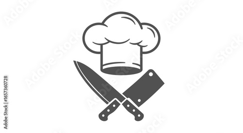 A minimalist black and white vector icon showcasing a classic chef hat positioned above two crossed kitchen knives, perfect for culinary and restaurant branding.