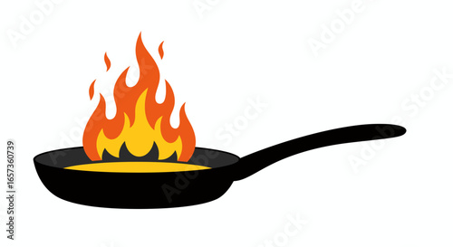 A vibrant, simple vector illustration depicts a black frying pan with yellow cooking oil intensely burning with large orange flames, symbolizing kitchen heat or cooking mishaps.