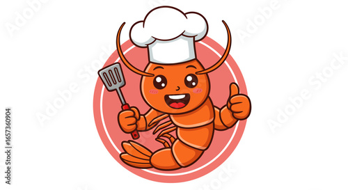 A charming cartoon shrimp chef, wearing a white chef hat and holding a spatula, gives a thumbs up inside a pink circle, perfect for culinary or seafood-related design projects.
