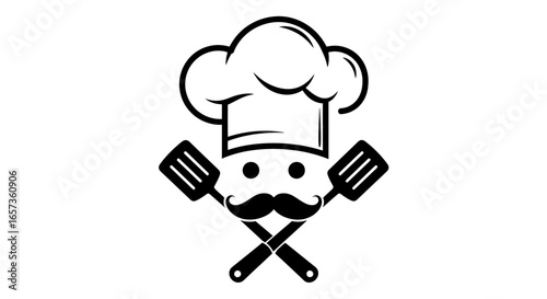 A stylized chef's hat with a mustache and crossed spatulas, perfect for culinary branding and restaurant logos.