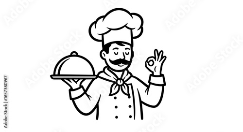 A vector illustration of a cheerful chef wearing a chef hat, holding a covered platter, and making an okay gesture, perfect for culinary projects and restaurant branding.