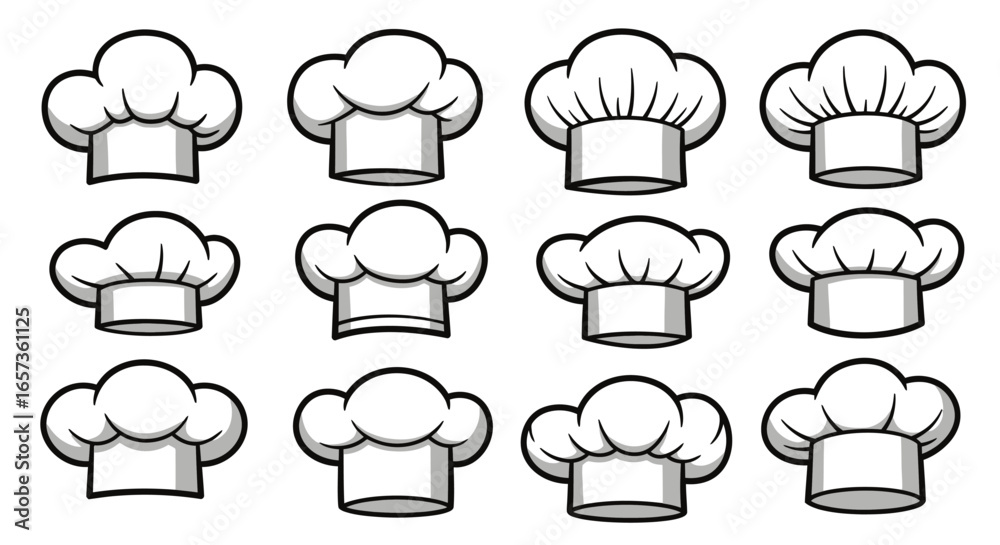 Fototapeta premium Twelve vector illustrations of chef hats in PNG format, perfect for culinary branding, restaurant menus, or cooking websites. These clean, crisp images are easily customizable and ideal for various