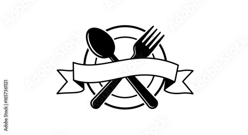 A vector illustration showcasing a crossed spoon and fork emblem with a blank banner, perfect for culinary branding or restaurant logos, designed in a minimalist style.