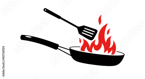 A minimalist black and red vector illustration depicts a hot frying pan with vibrant red flames and a cooking spatula, symbolizing intense culinary activity.