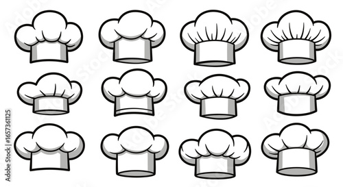Twelve vector illustrations of chef hats in PNG format, perfect for culinary branding, restaurant menus, or cooking websites.  These clean, crisp images are easily customizable and ideal for various