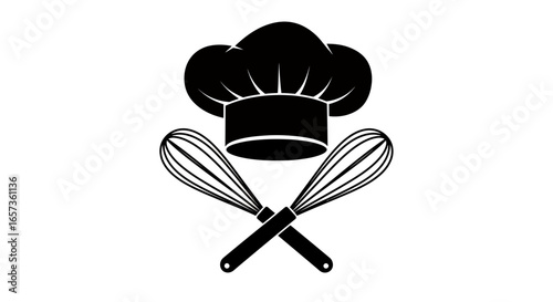A vector illustration depicts a chef's hat placed above two crossed whisks, creating a simple yet elegant design suitable for culinary-themed projects.