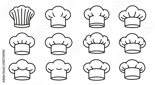 A collection of twelve different chef hats in a vector graphic format, perfect for culinary designs and restaurant branding.
