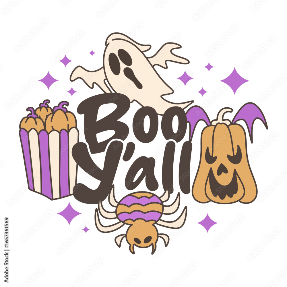 Obraz premium Boo Y'all cute Halloween ghost pumpkin creepy spooky illustration, Pumpkin Halloween fall t shirt design, Halloween scary character graphic