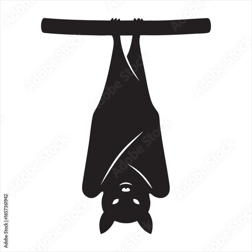 A stark black silhouette of a bat hanging upside down from a branch, its wings folded. The silhouette style is a key feature