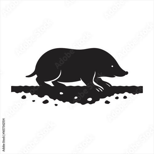 A black silhouette of a mole is depicted moving through the dirt. The silhouette style is a key feature of this image