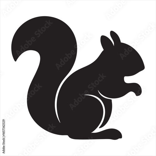A striking black silhouette of a squirrel, depicted in a classic side profile, showcasing its bushy tail and alert posture