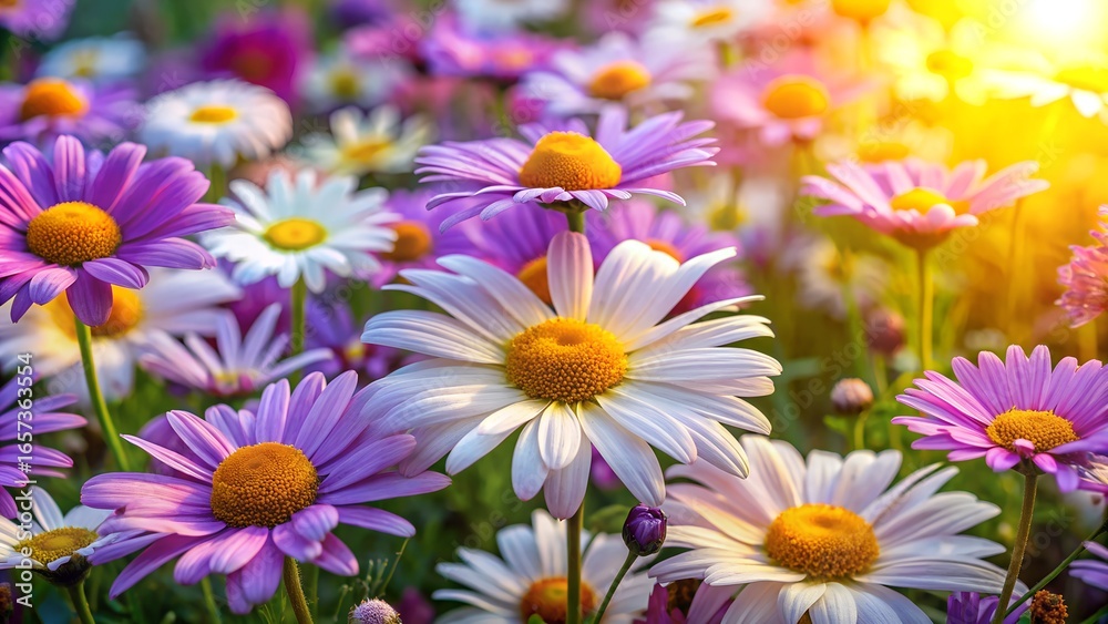 Fototapeta premium Vibrant Field of Purple and White Daisies Bathed in Golden Sunlight