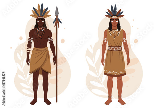 Two Indigenous People with Spear - Traditional Attire and Abstract Foliage