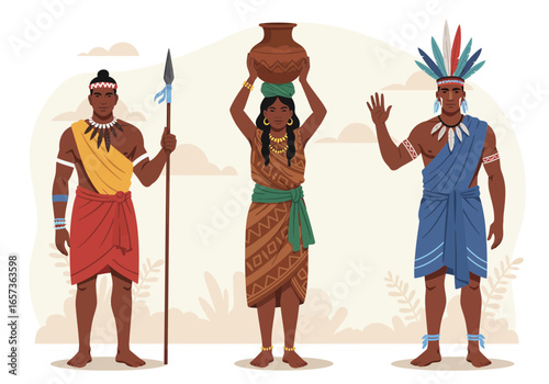 Diverse Indigenous People - Man with Spear, Woman with Pot - Vector Illustration