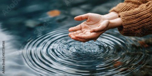 women's hands touch clean drinking clear water in river in nature