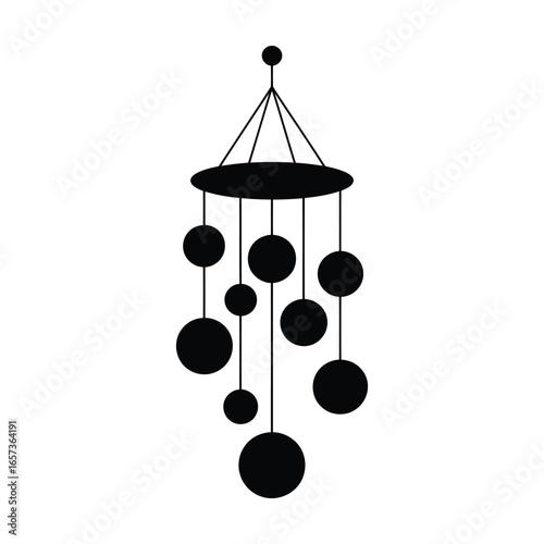 Black silhouette vector illustration of a hanging wind chime with round shapes
