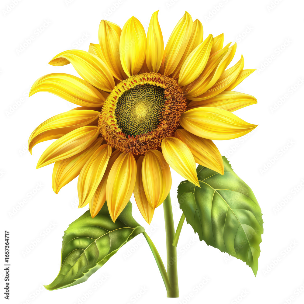 Fototapeta premium and keyword list based on the image.. Sunny Sunflower Blossom with Green Leaves in the Field