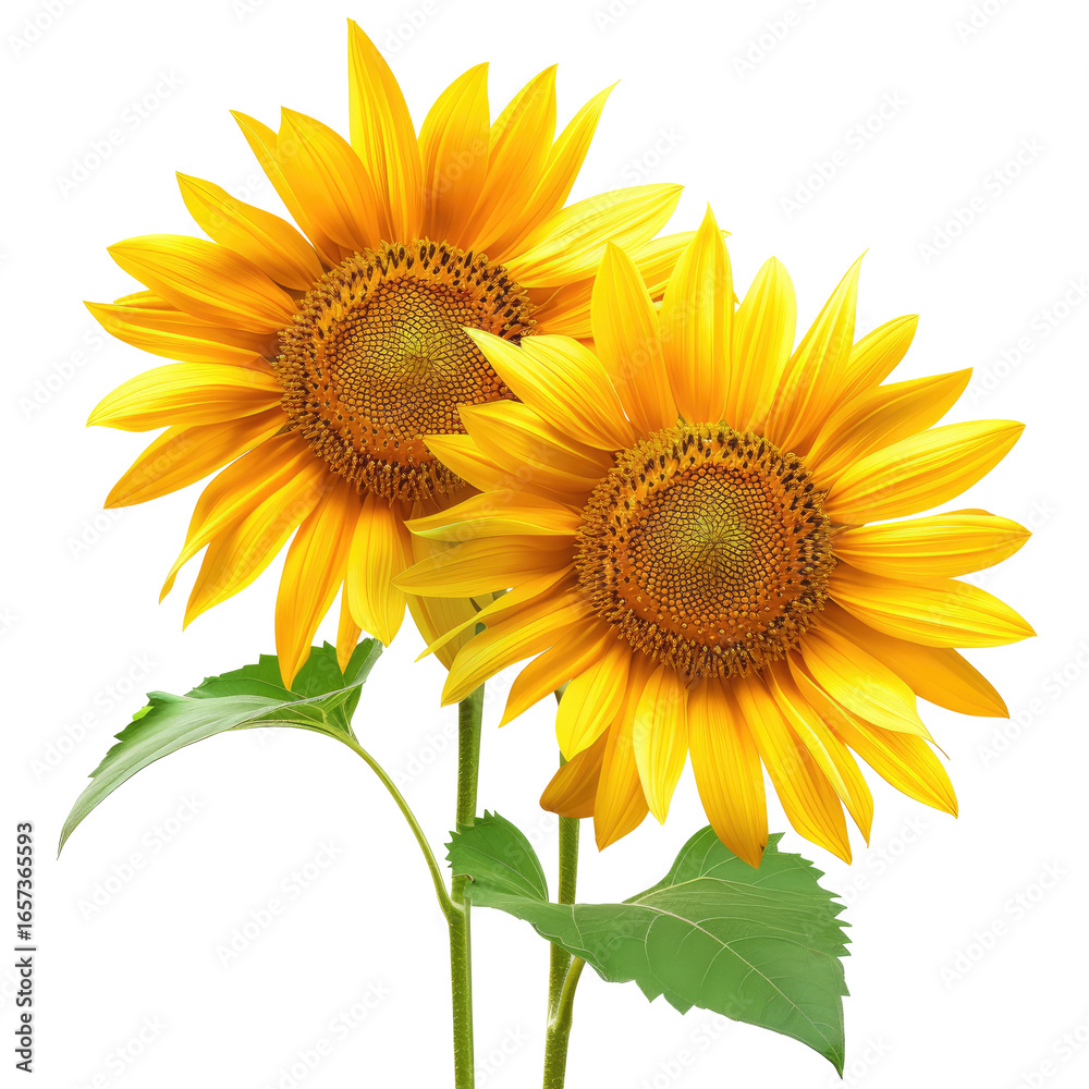 Obraz premium Two vibrant, blooming sunflowers with green leaves, on a black background