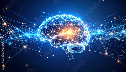 Floating glowing nodes connected with luminous lines, digital brain concept, deep learning artificial intelligence background.