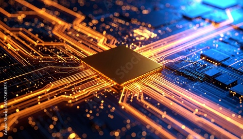 Close-up abstract circuit board pattern, golden traces with glowing points, futuristic hardware background.