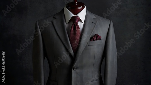 A tailored gray suit with a burgundy tie and pocket square on a mannequin against dark background