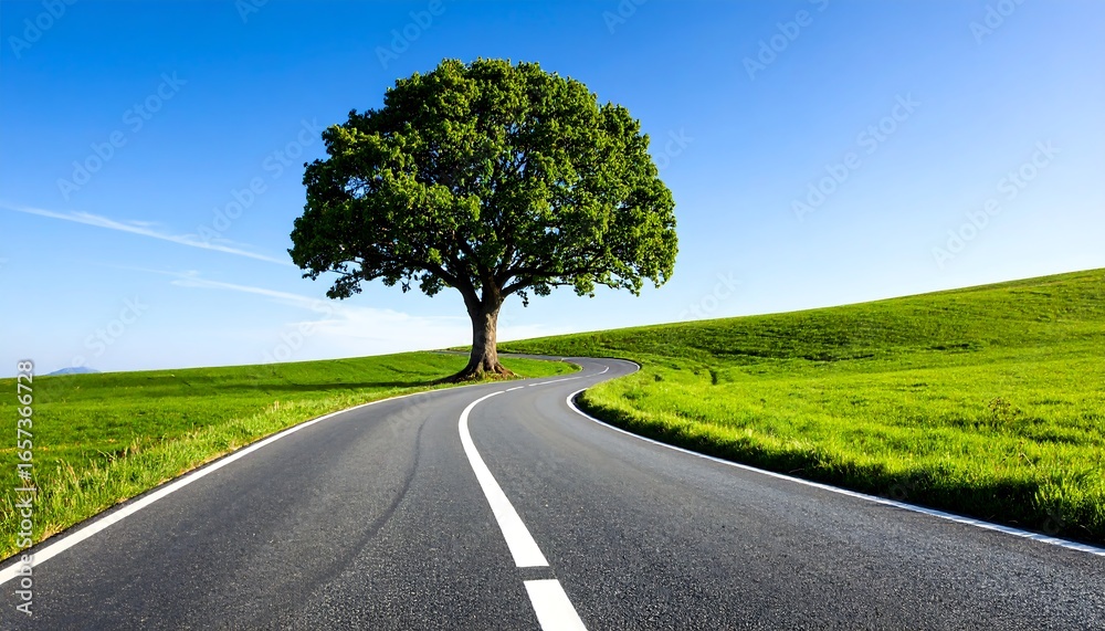 Fototapeta premium Winding Road with Green Fields, and Lone Tree.