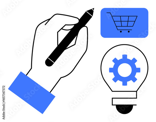 Hand holding pen, shopping cart symbol, and gear inside light bulb highlight e-commerce, innovation, and planning. Ideal for business, creativity, technology, strategy product development