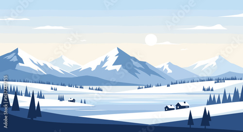 Serene winter landscape with snow covered mountains frozen lake and cozy village scenes