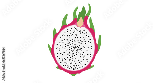 Deliciously refreshing tropical pitaya fruit cut in half showing white flesh speckled with tiny black seeds and green scales