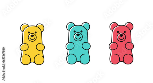 Brightly colored gummy bears in a row showing yellow blue and red flavors