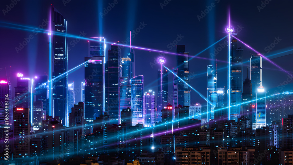 Fototapeta premium Digital Cityscape: A modern cityscape shimmers at night, a network of digital connections weaving through towering structures, showcasing the city's technological heart.